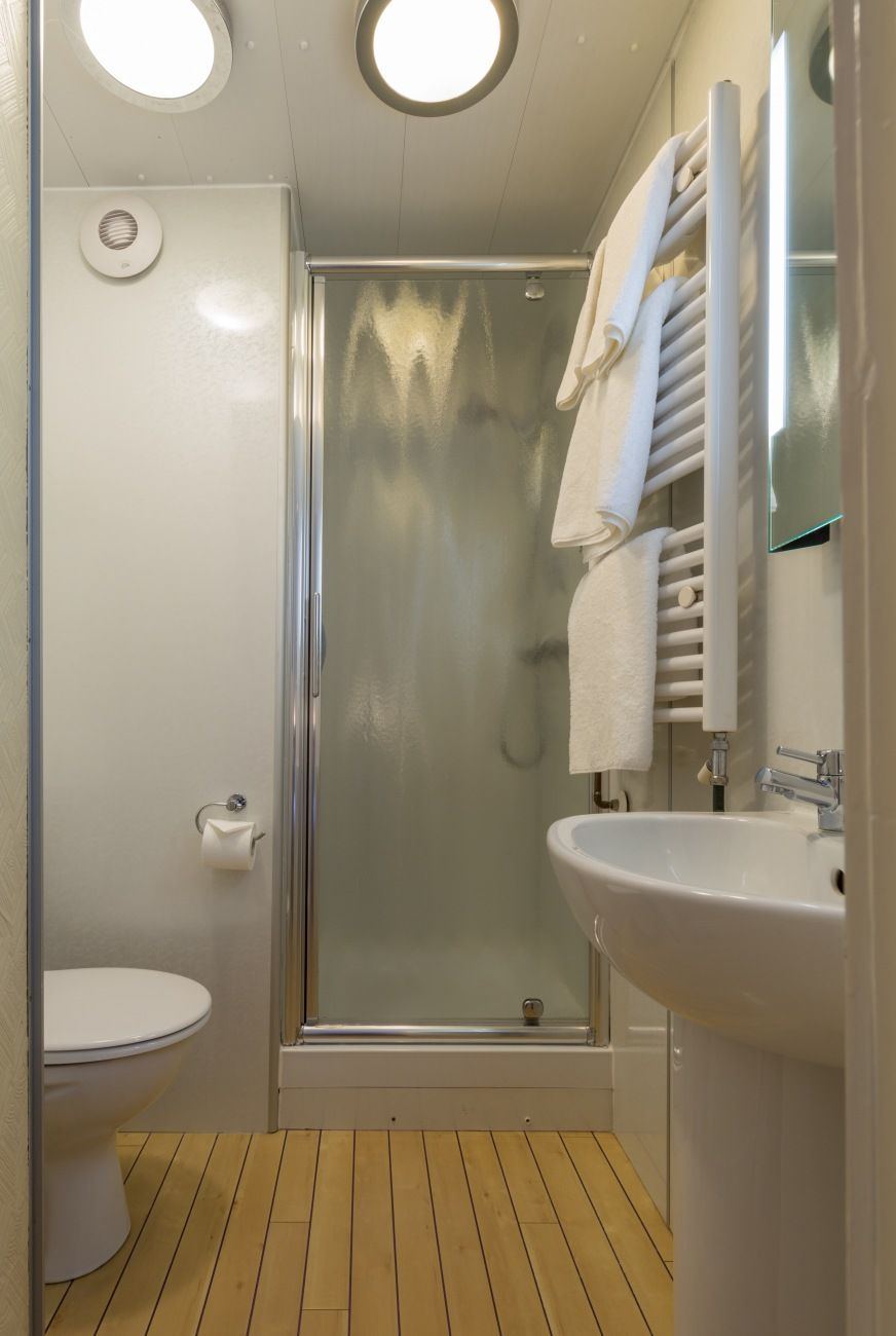 Modern en-suite bathroom with walk-in shower, heated towel rail and wood-effect floor
